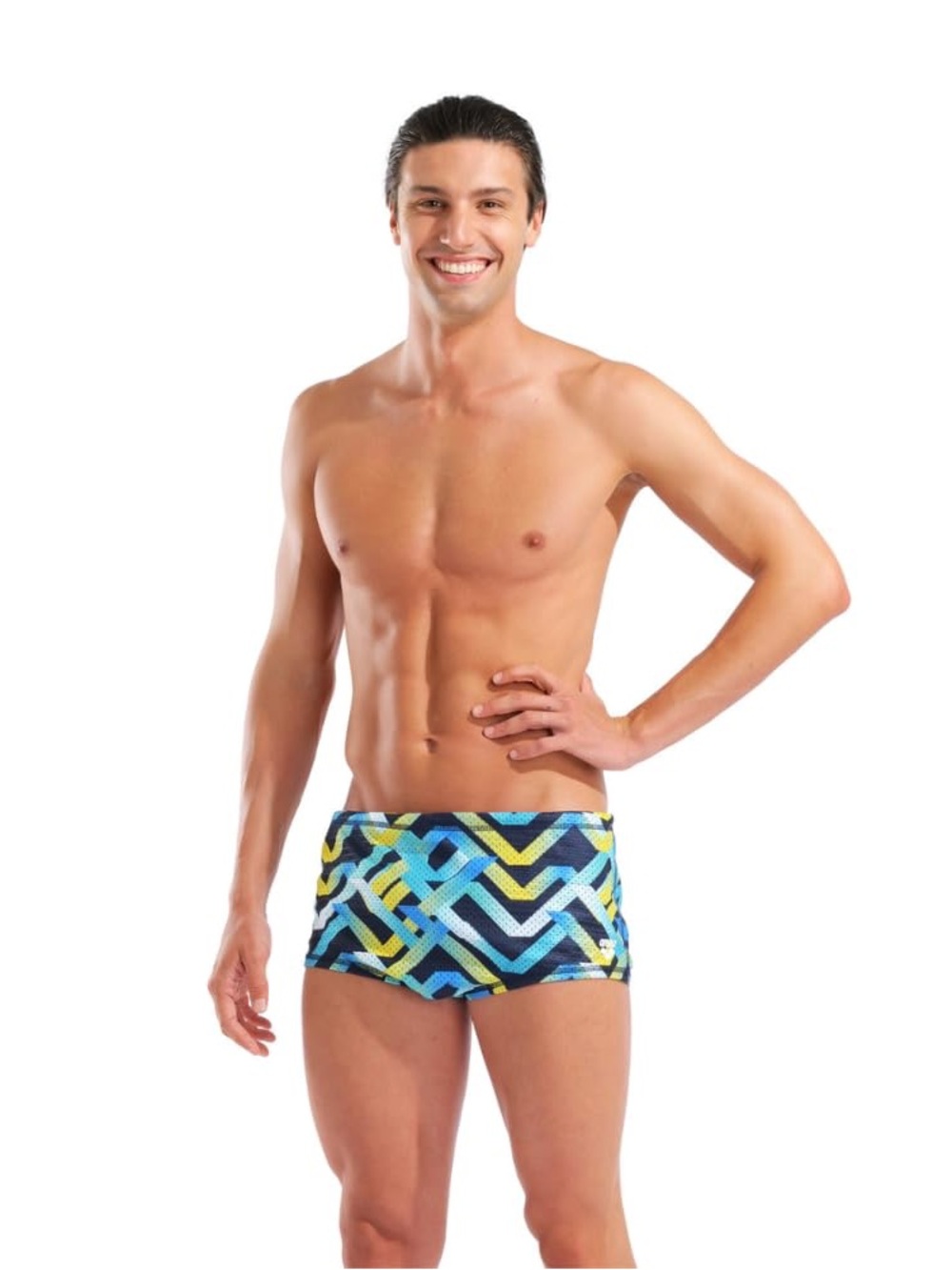 Men's Geometric Print Swim Trunks - Blue/Yellow